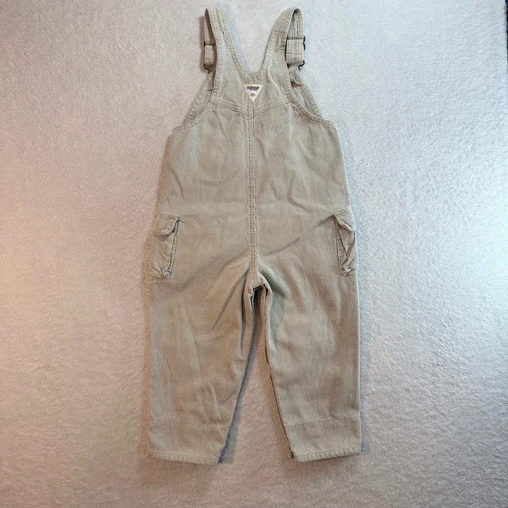 OshKosh Bgosh Toddler Boys Beige Corduroy Cargo Overalls Size 2T Dungarees